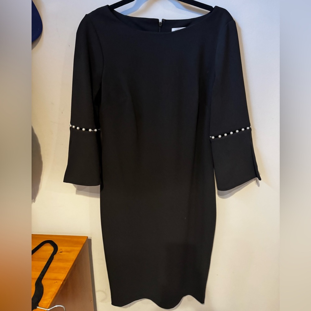 Calvin Klein Black 3/4 bell Sleeves with faux pearls black sheath dress size 10 - Picture 3 of 8